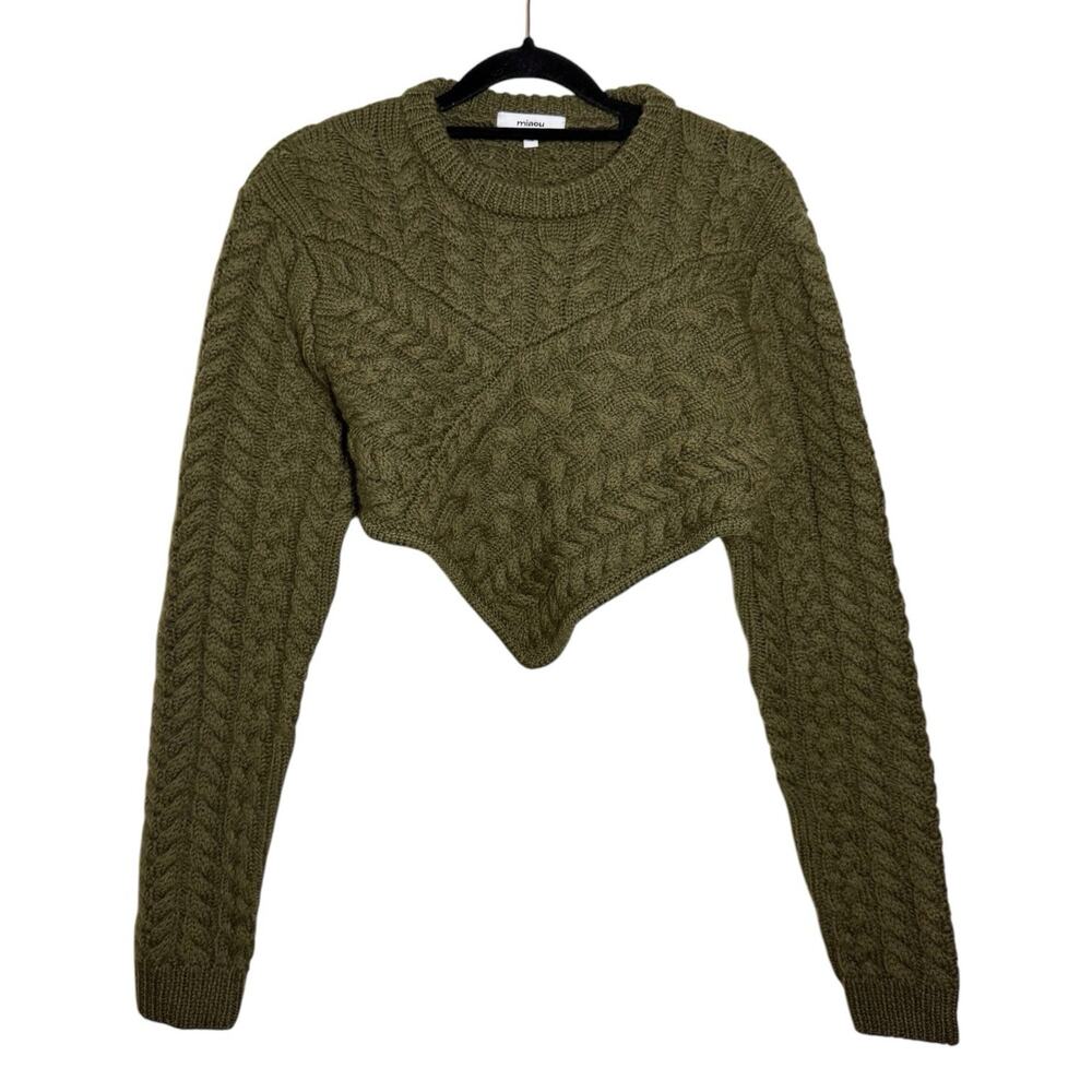 Miaou Olive Green Wool Cable Knit V Hem Vela Crop Sweater XS $230